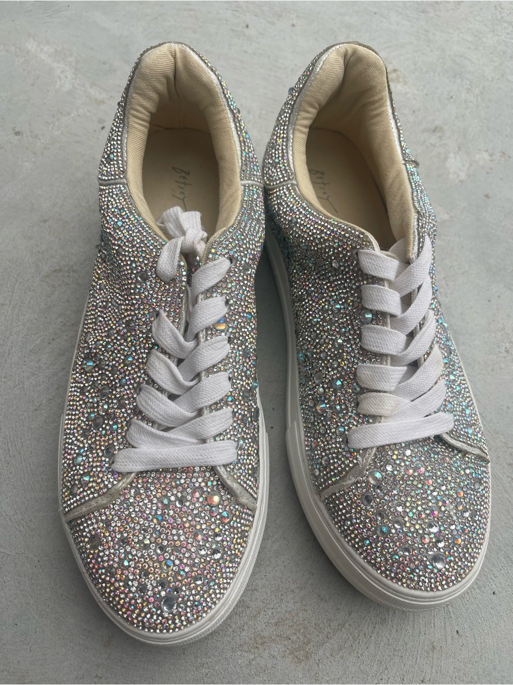 Betsey Johnson Silver Rhinestone Crystal Embellished Sneakers Iridescent Sparkle